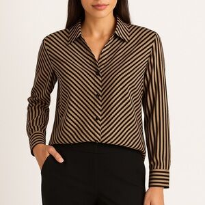 Chico’s No-Iron Stretch Striped Button Down Shirt Black Tan Size 3 (XL/16)